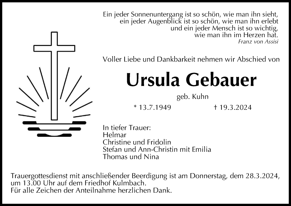  Traueranzeige für Ursula Gebauer vom 23.03.2024 aus MGO