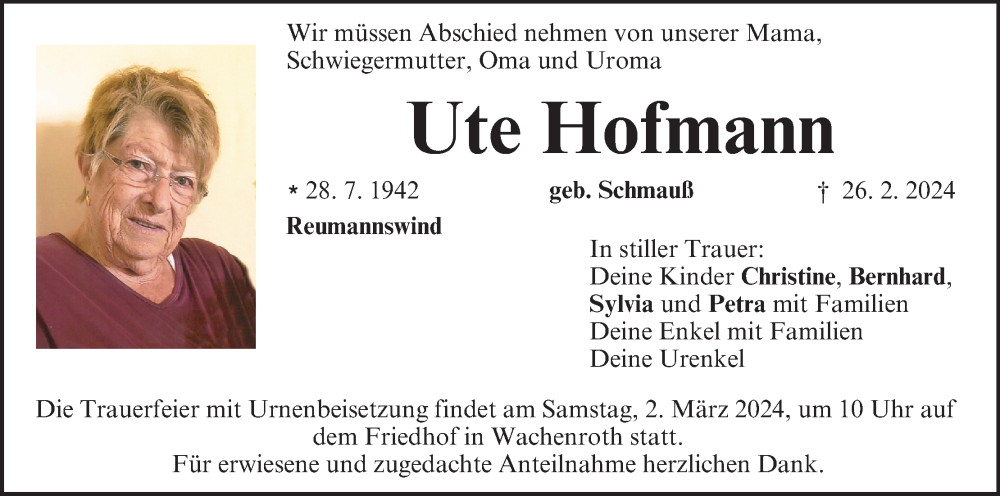  Traueranzeige für Ute Hofmann vom 29.02.2024 aus MGO