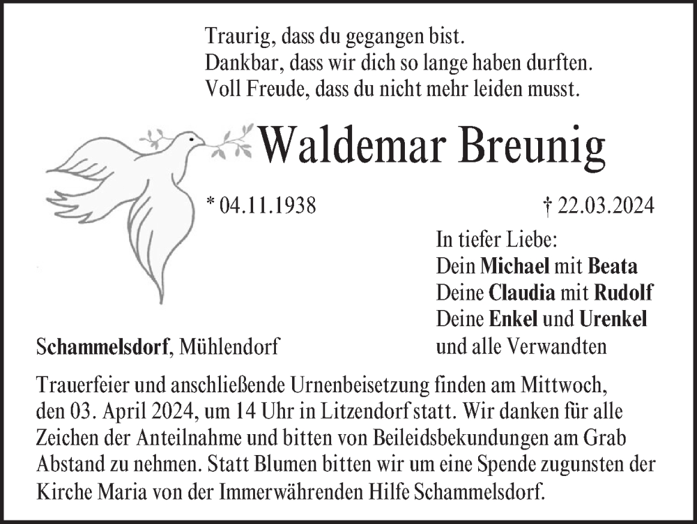  Traueranzeige für Waldemar Breunig vom 30.03.2024 aus MGO