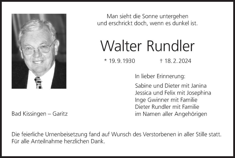  Traueranzeige für Walter Rundler vom 05.03.2024 aus MGO