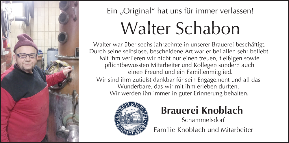  Traueranzeige für Walter Schabon vom 28.03.2024 aus MGO