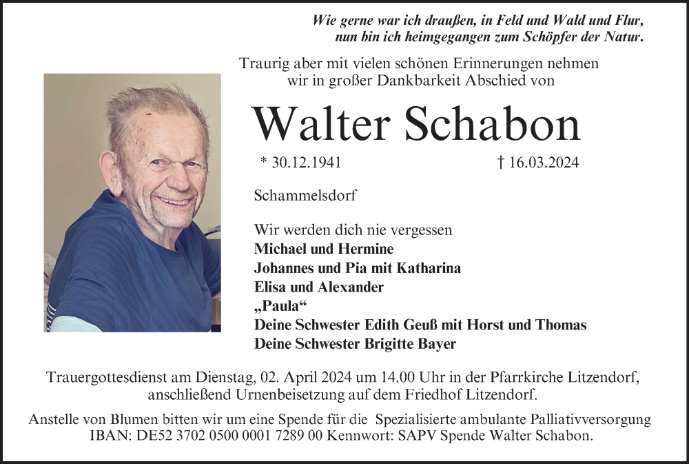  Traueranzeige für Walter Schabon vom 28.03.2024 aus MGO