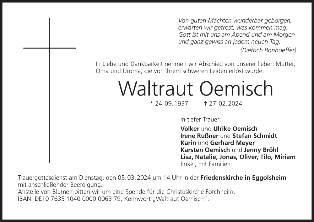  Traueranzeige für Waltraut Oemisch vom 02.03.2024 aus MGO