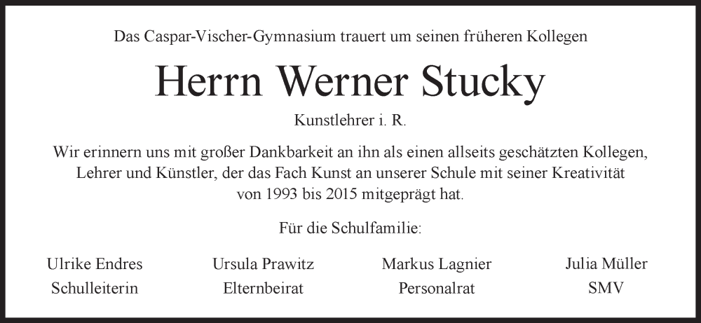  Traueranzeige für Werner Stucky vom 02.03.2024 aus MGO