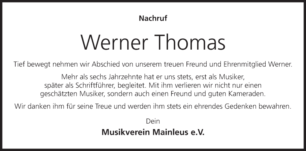  Traueranzeige für Werner Thomas vom 09.03.2024 aus MGO