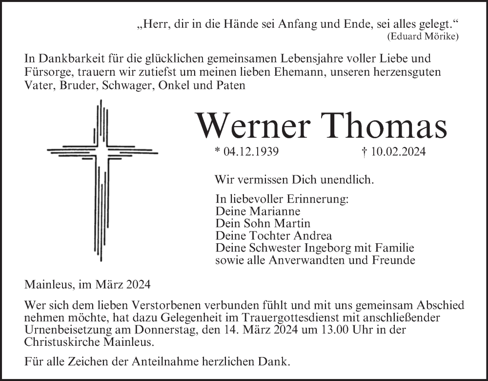  Traueranzeige für Werner Thomas vom 09.03.2024 aus MGO