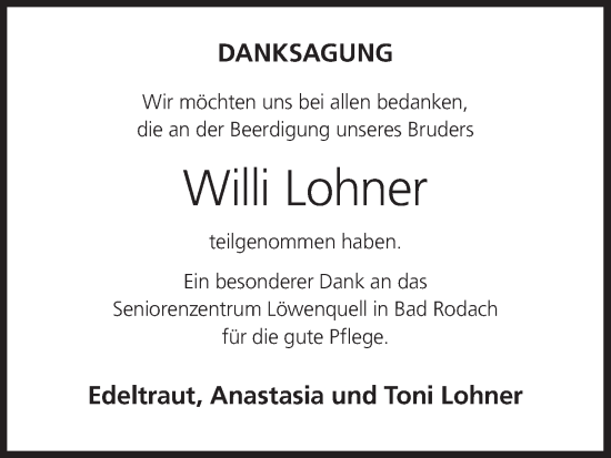 Anzeige von Willi Lohner von MGO