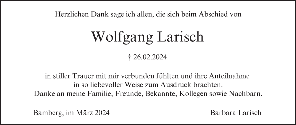  Traueranzeige für Wolfgang Larisch vom 30.03.2024 aus MGO