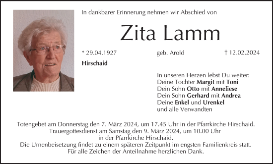 Anzeige von Zita Lamm von MGO
