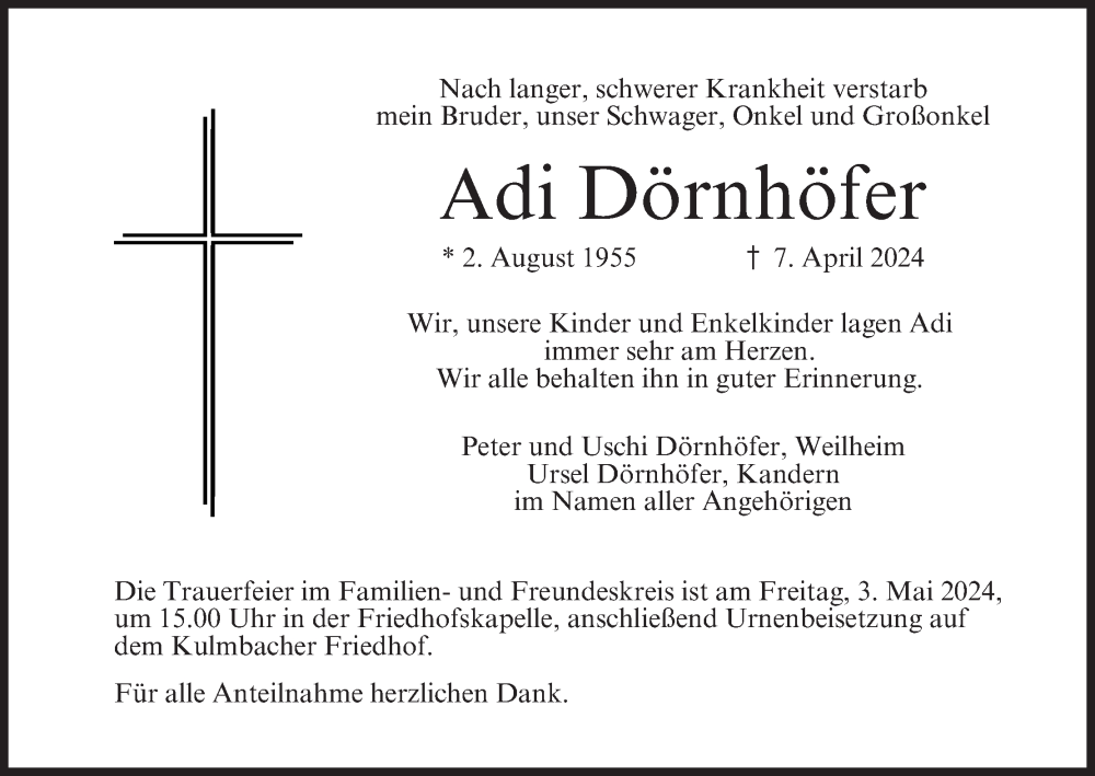  Traueranzeige für Adi Dörnhöfer vom 13.04.2024 aus MGO