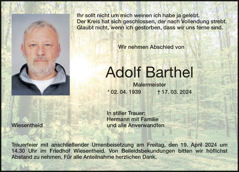  Traueranzeige für Adolf Barthel vom 17.04.2024 aus MGO