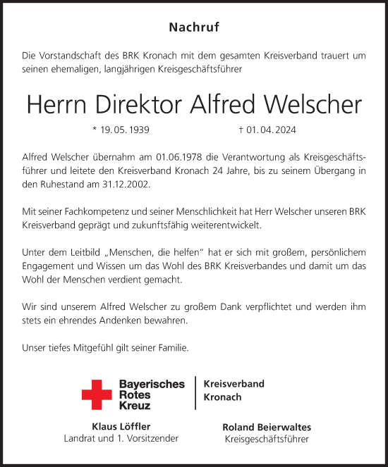 Anzeige von Alfred Welscher von MGO