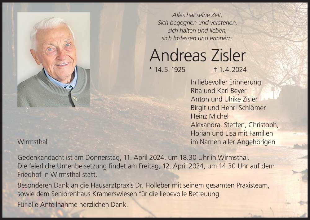  Traueranzeige für Andreas Zisler vom 06.04.2024 aus MGO