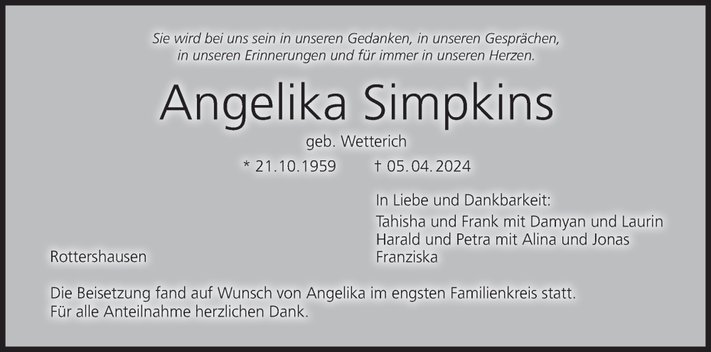  Traueranzeige für Angelika Simpkins vom 20.04.2024 aus MGO