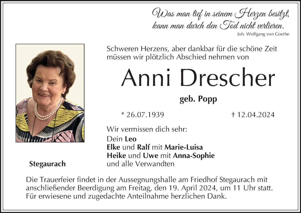  Traueranzeige für Anni Drescher vom 17.04.2024 aus MGO