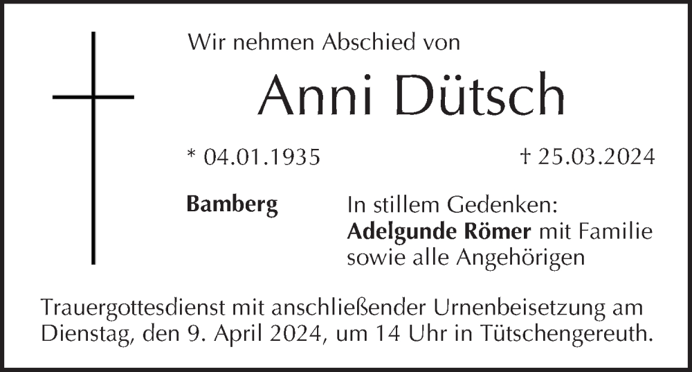  Traueranzeige für Anni Dütsch vom 03.04.2024 aus MGO