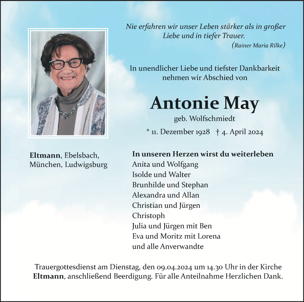  Traueranzeige für Antonie May vom 06.04.2024 aus MGO