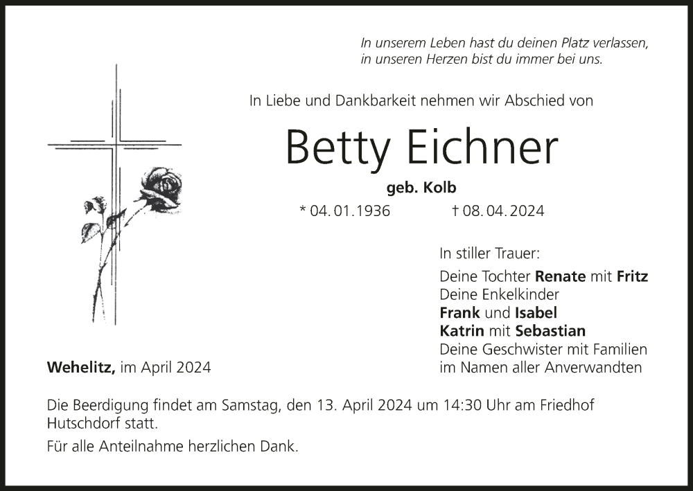  Traueranzeige für Betty Eichner vom 10.04.2024 aus MGO