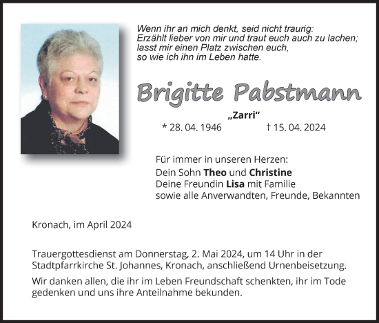 Anzeige von Brigitte Pabstmann von MGO