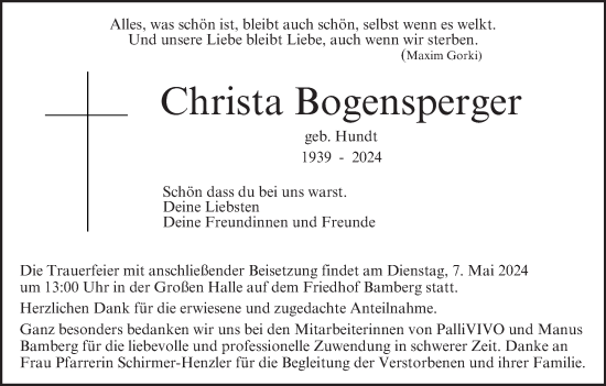 Anzeige von Christa Bogensperger von MGO