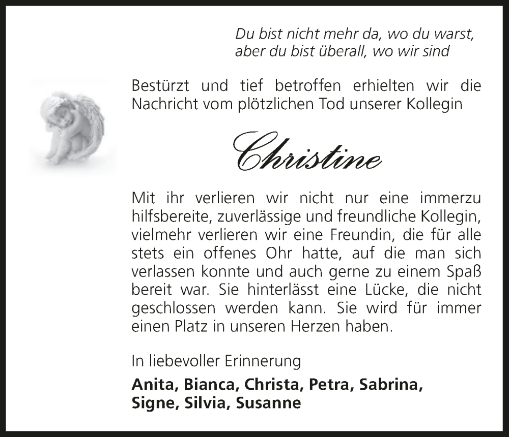  Traueranzeige für Christine  vom 16.04.2024 aus MGO