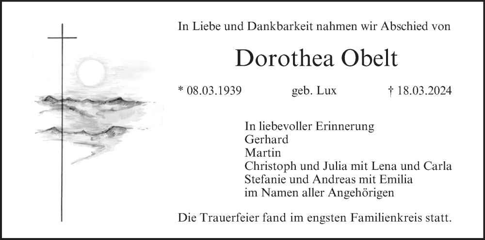  Traueranzeige für Dorothea Obelt vom 06.04.2024 aus MGO