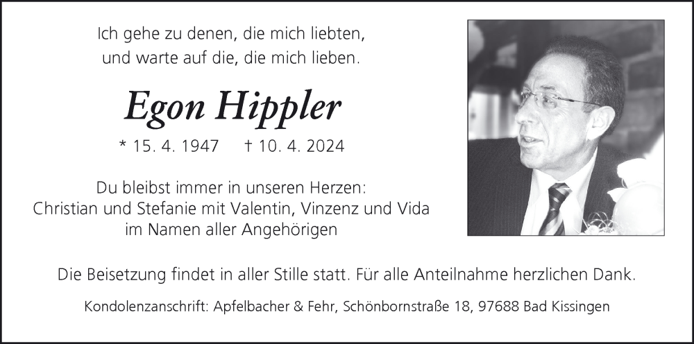  Traueranzeige für Egon Hippler vom 13.04.2024 aus MGO