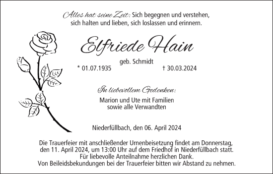 Anzeige von Elfriede Hain von MGO