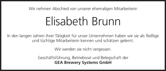 Anzeige von Elisabeth Brunn von MGO