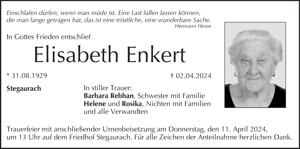  Traueranzeige für Elisabeth Enkert vom 06.04.2024 aus MGO