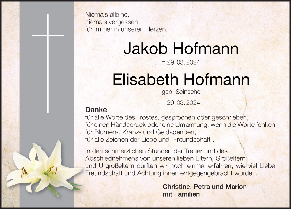  Traueranzeige für Elisabeth Hofmann vom 20.04.2024 aus MGO
