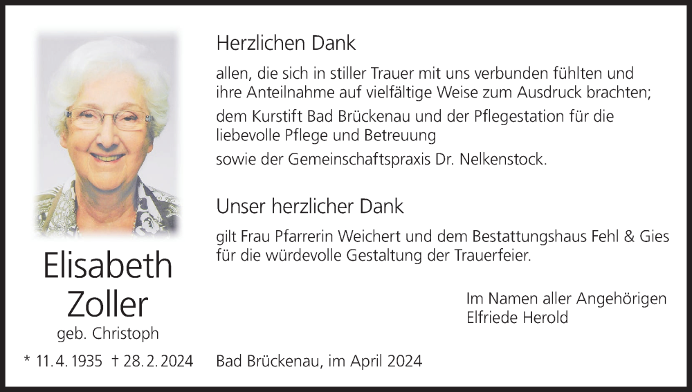 Traueranzeige für Elisabeth Zoller vom 06.04.2024 aus MGO