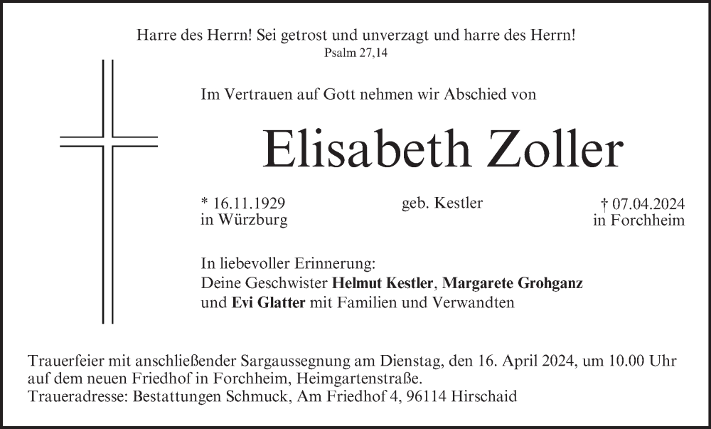  Traueranzeige für Elisabeth Zoller vom 13.04.2024 aus MGO