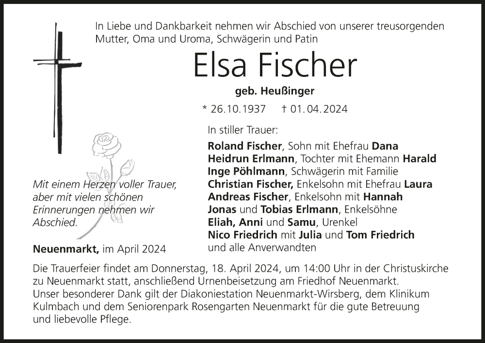  Traueranzeige für Elsa Fischer vom 16.04.2024 aus MGO