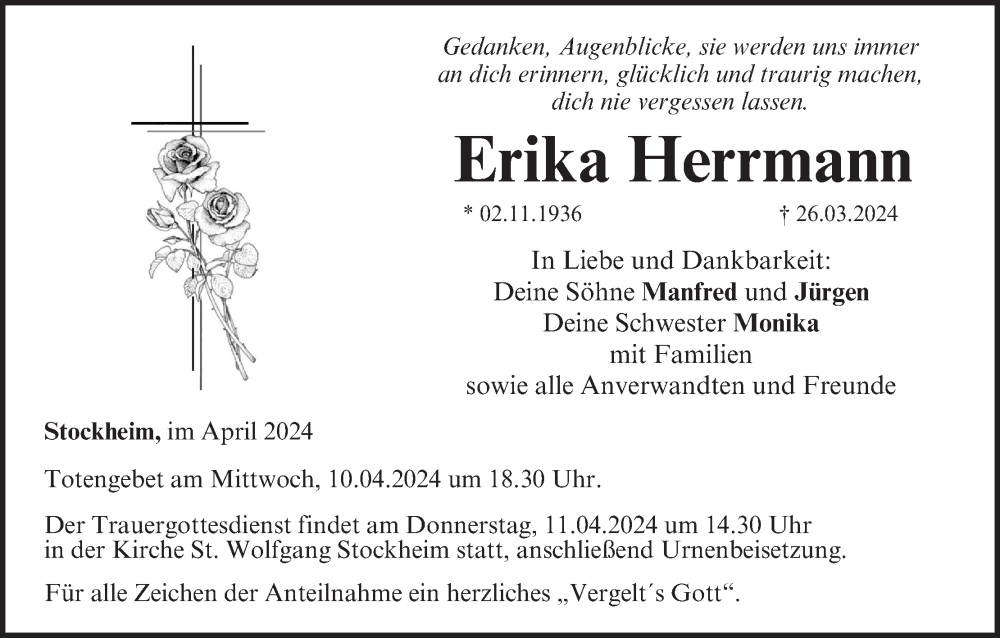  Traueranzeige für Erika Herrmann vom 06.04.2024 aus MGO