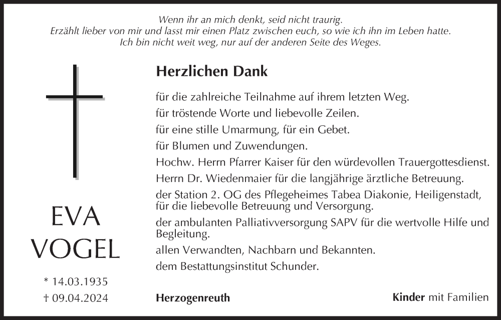  Traueranzeige für Eva Vogel vom 27.04.2024 aus MGO