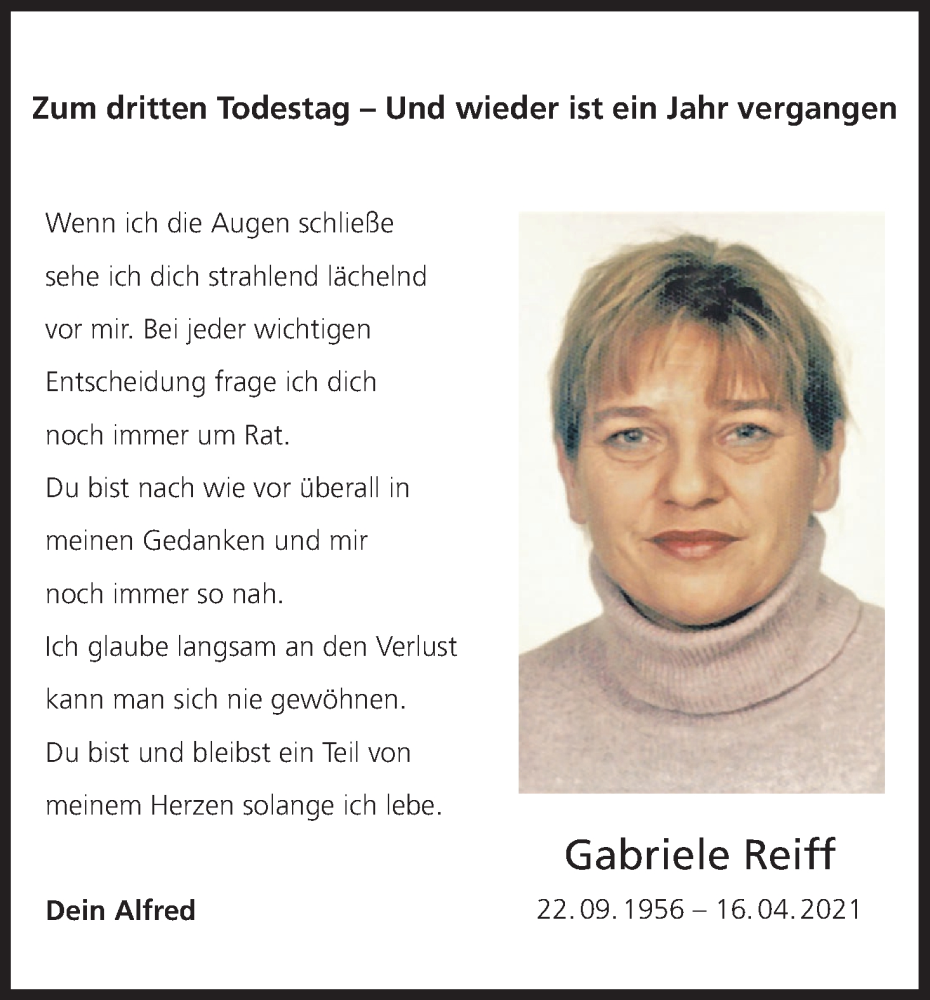  Traueranzeige für Gabriele Reiff vom 16.04.2024 aus MGO
