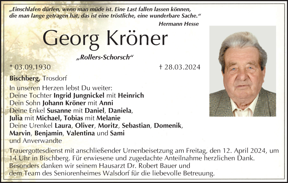  Traueranzeige für Georg Kröner vom 06.04.2024 aus MGO