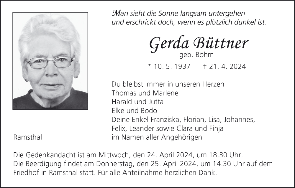  Traueranzeige für Gerda Büttner vom 23.04.2024 aus MGO