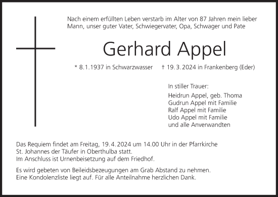 Anzeige von Gerhard Appel von MGO