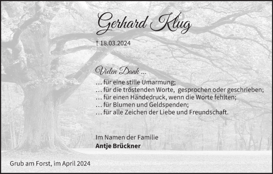 Anzeige von Gerhard Klug von MGO
