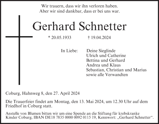 Anzeige von Gerhard Schnetter von MGO