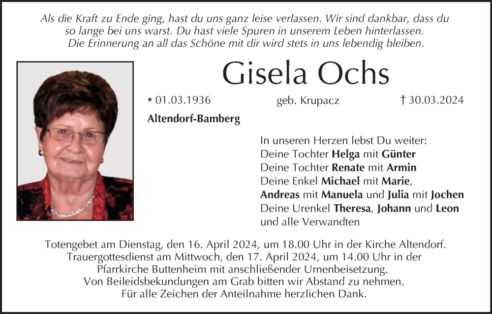  Traueranzeige für Gisela Ochs vom 13.04.2024 aus MGO