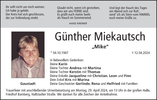 Anzeige von Günther Miekautsch von MGO