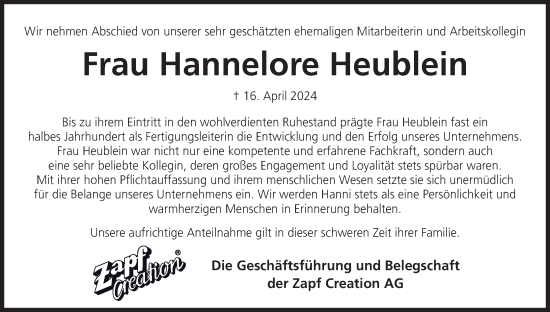 Anzeige von Hannelore Heublein von MGO