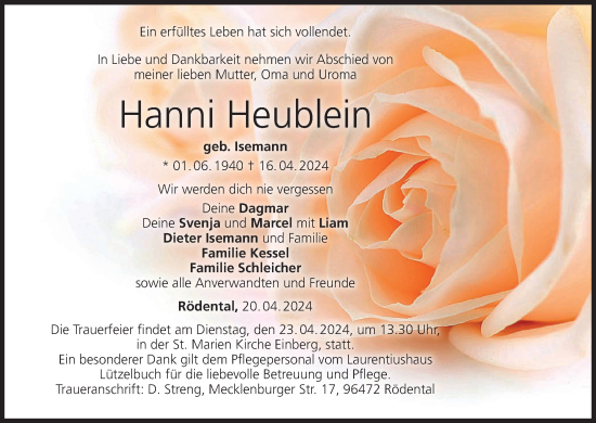 Anzeige von Hanni Heublein von MGO