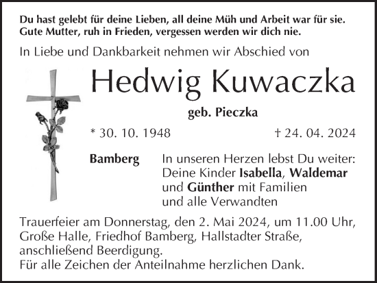 Anzeige von Hedwig Kuwaczka von MGO
