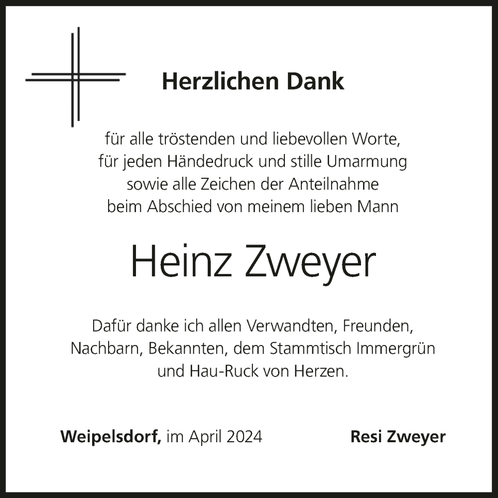  Traueranzeige für Heinz Zweyer vom 13.04.2024 aus MGO