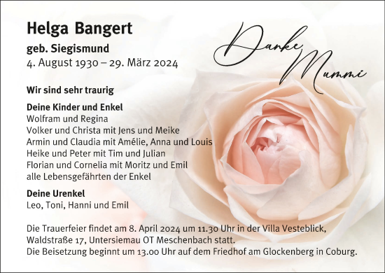 Anzeige von Helga Bangert von MGO