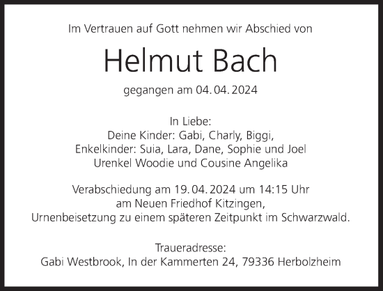 Anzeige von Helmut Bach von MGO